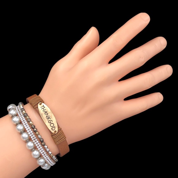 Thank God 4 Row Brown Vegan Leather & Beaded Magnetic Clap Layered Bracelet - Picture 3 of 3